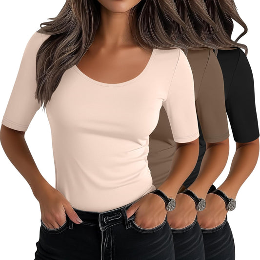 3 Pack Women's Scoop Neck Tops Half Sleeve Slim Fitted Cotton Blend Stretchy T-Shirts Tight Casual Basic Tees
