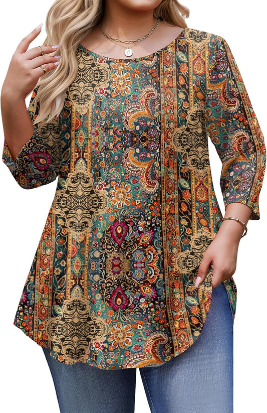Plus Size Tops for Women 3/4 Sleeve Loose Shirts to Wear with Leggings Summer Fall 2025 Clothes