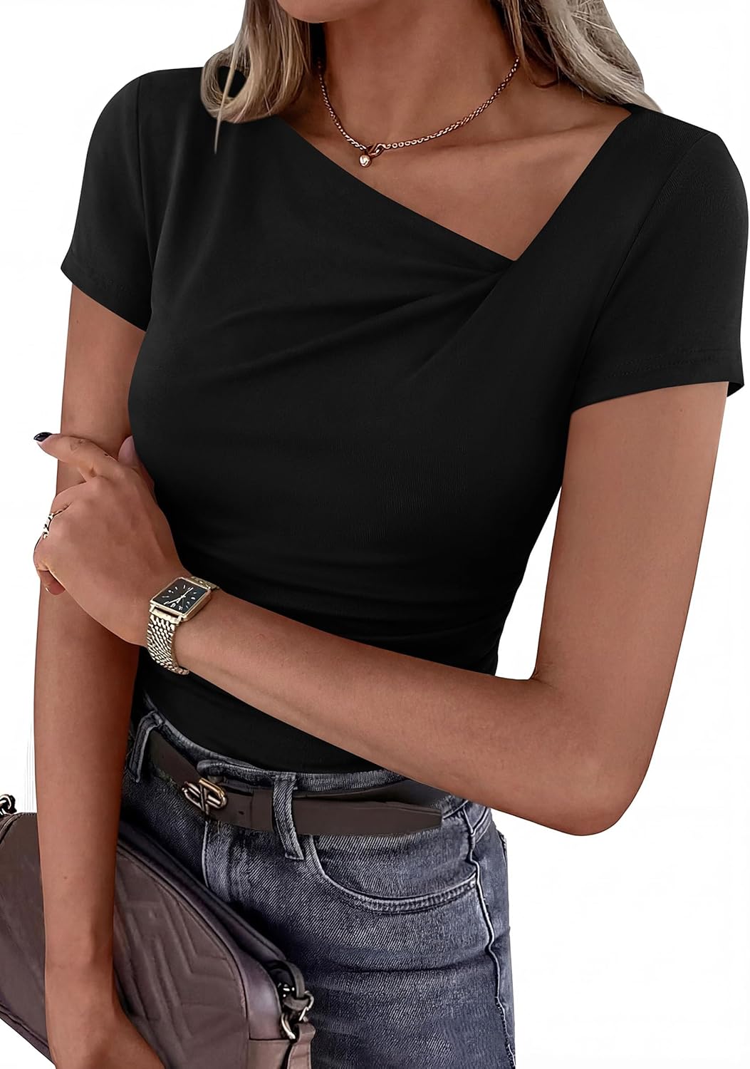 Women's 2026 Summer Asymmetrical Y2K Tops Trendy Ribbed Short Sleeve Fitted Tee Shirts Spring Fashion Clothing