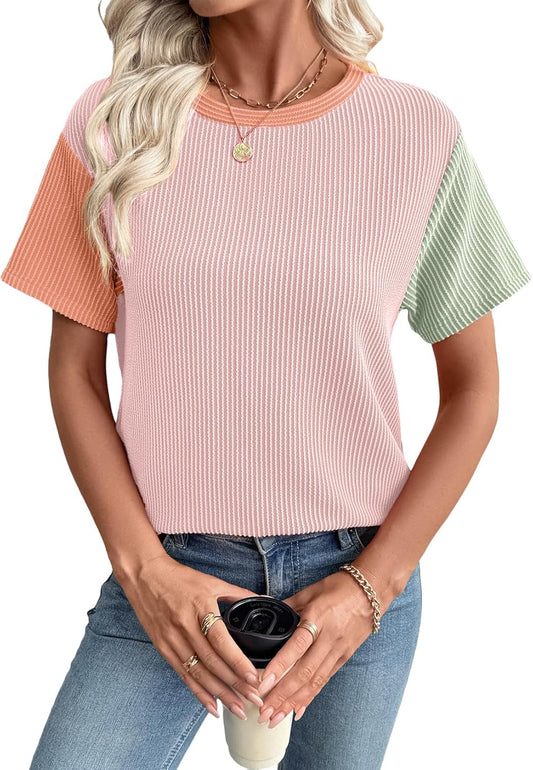 Women's Short Sleeve T Shirts Ribbed Knit Crewneck Multicolour Block Tee Blouses Spring Tops 2026 Trendy