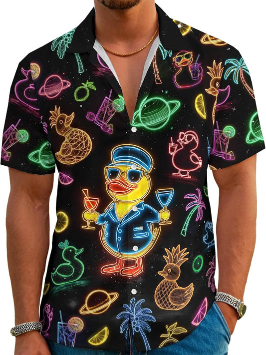 Funny Neon Hawaiian Shirt for Men Button Down Tropical Beach Aloha Shirt Summer Holiday Glow Party Outfits