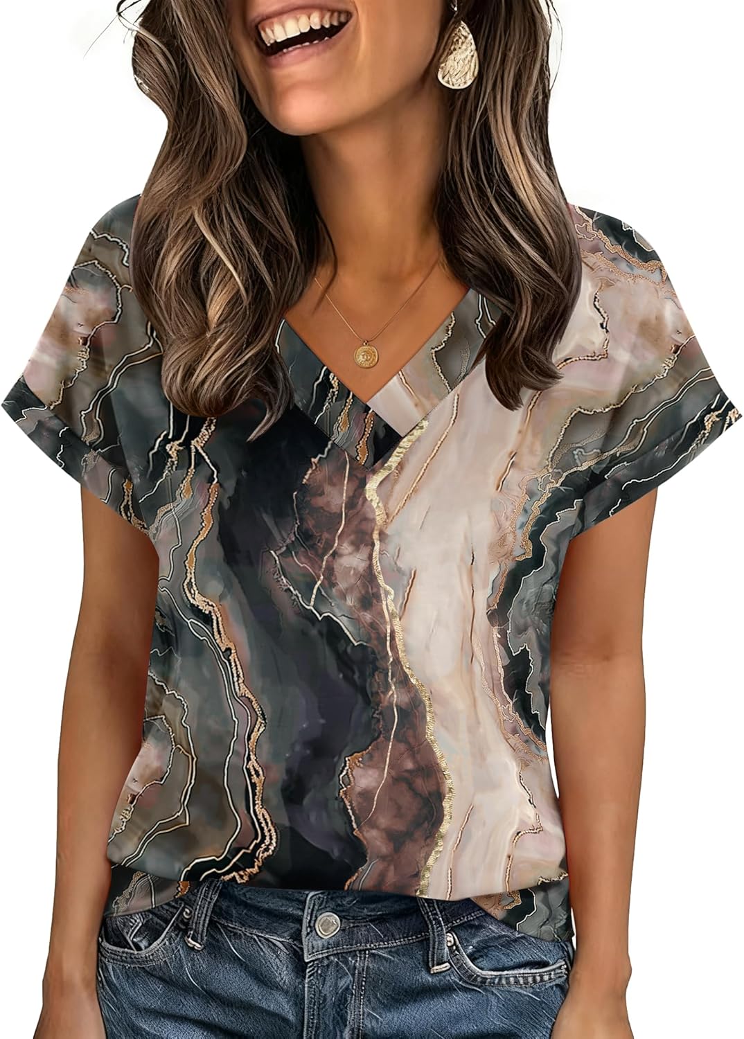 Womens Summer Tops Rolled Short Sleeve V Neck Shirts Casual Dressy Business Work Blouses Outfits
