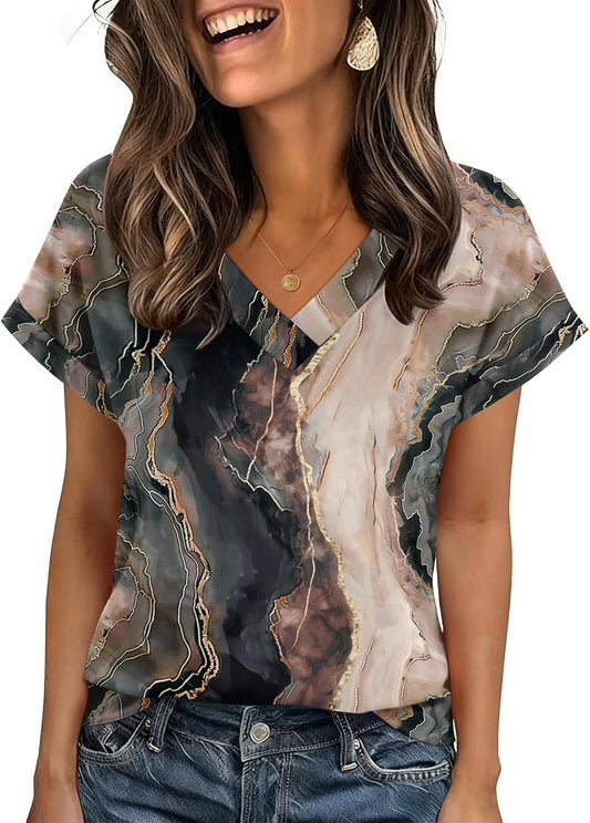 Womens Summer Tops Rolled Short Sleeve V Neck Shirts Casual Dressy Business Work Blouses Outfits
