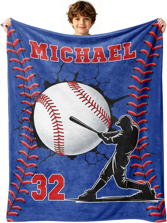 Personalized Baseball Blankets with Name Numbers, Custom Baseball Team Throw Flannel Blankets Gifts for Adults Boys Girls Kids Baseball Lovers Sports Decor for Bedroom Living Room