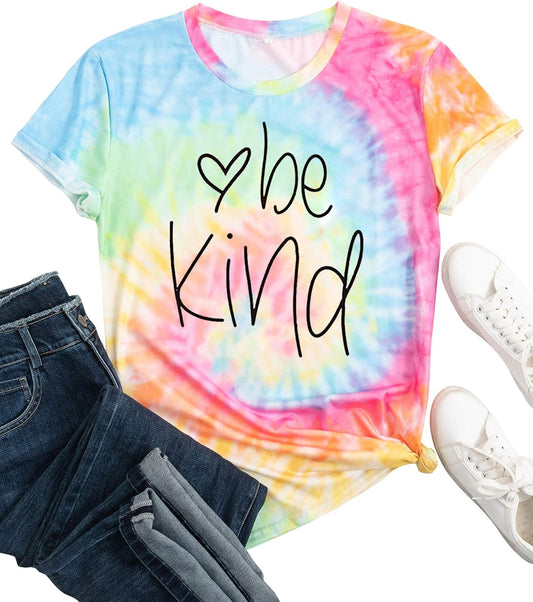Be Kind Shirt for Women Tie Dye Rainbow T Shirt Inspirational Teacher Tees Tops Blessed Short Sleeve