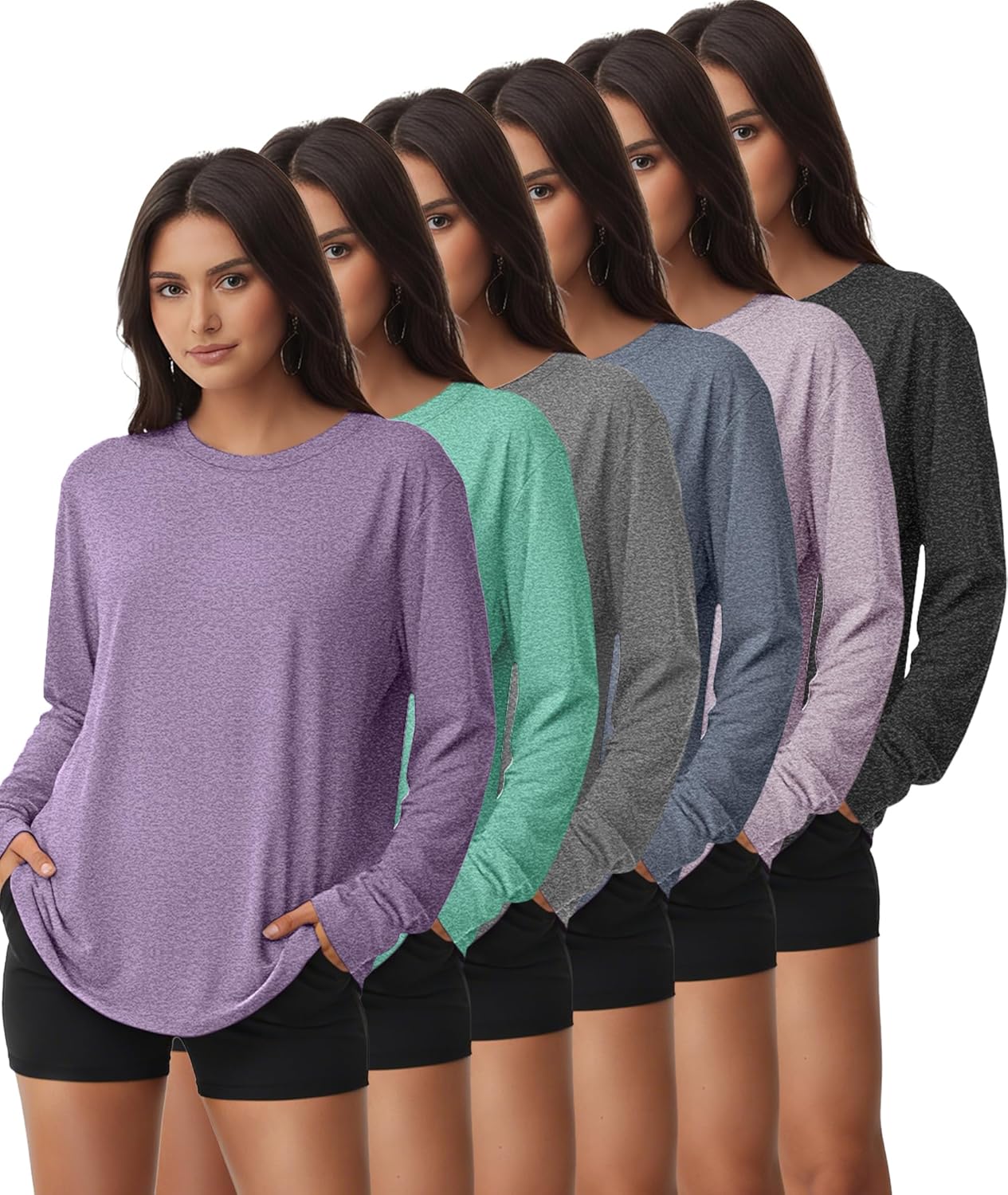 6 Pack Women's Long Sleeve Workout Dry Fit Shirts, UPF 50+ Rash Guard SPF UV Sun Protection Swim Tee Shirts