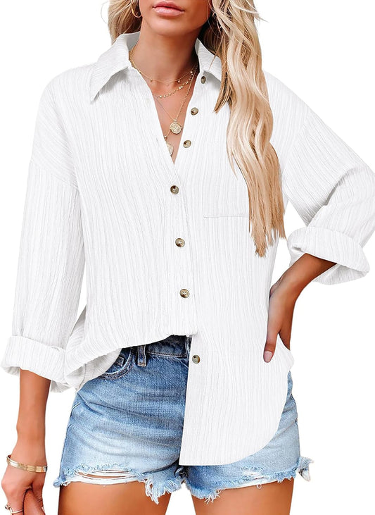 Womens Button Down Shirts Long Sleeve Dress Shirt Textured Collared Work Blouse Dressy Casual Tops with Pocket