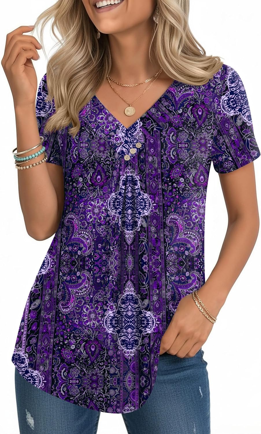 V Neck Short Sleeve Shirts for Women Dressy Casual Blouses Pleated Summer Tunic Tops