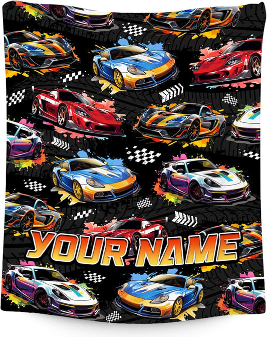 Boys Blanket Personalized Racing Car Blankets Gifts for Kids Toddler - Custom Name Plush Cozy Flannel Throws (4 Sizes)