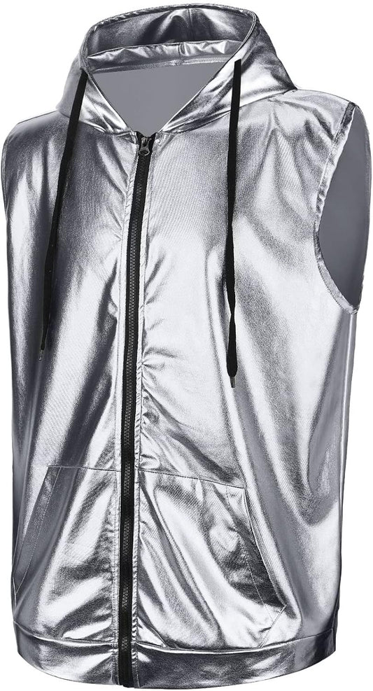 Men's Metallic Shirt 70s 80s Men Disco Outfit Metallic Hooded Tops Hoodie Shirts for Disco Party