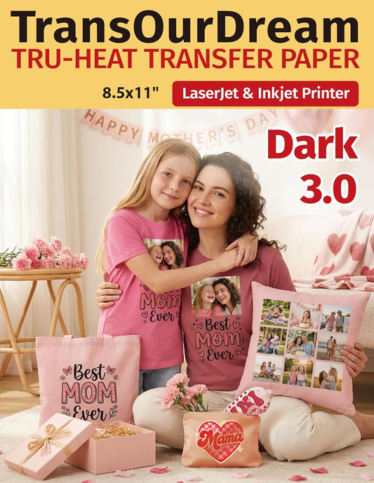TransOurDream Iron on Heat Transfer Paper for Dark T Shirts (10 Sheets 8.5x11, Dark 3.0) Printable HTV Vinyl for Inkjet & LaserJet Printer, Transfers Paper for Dark Fabric