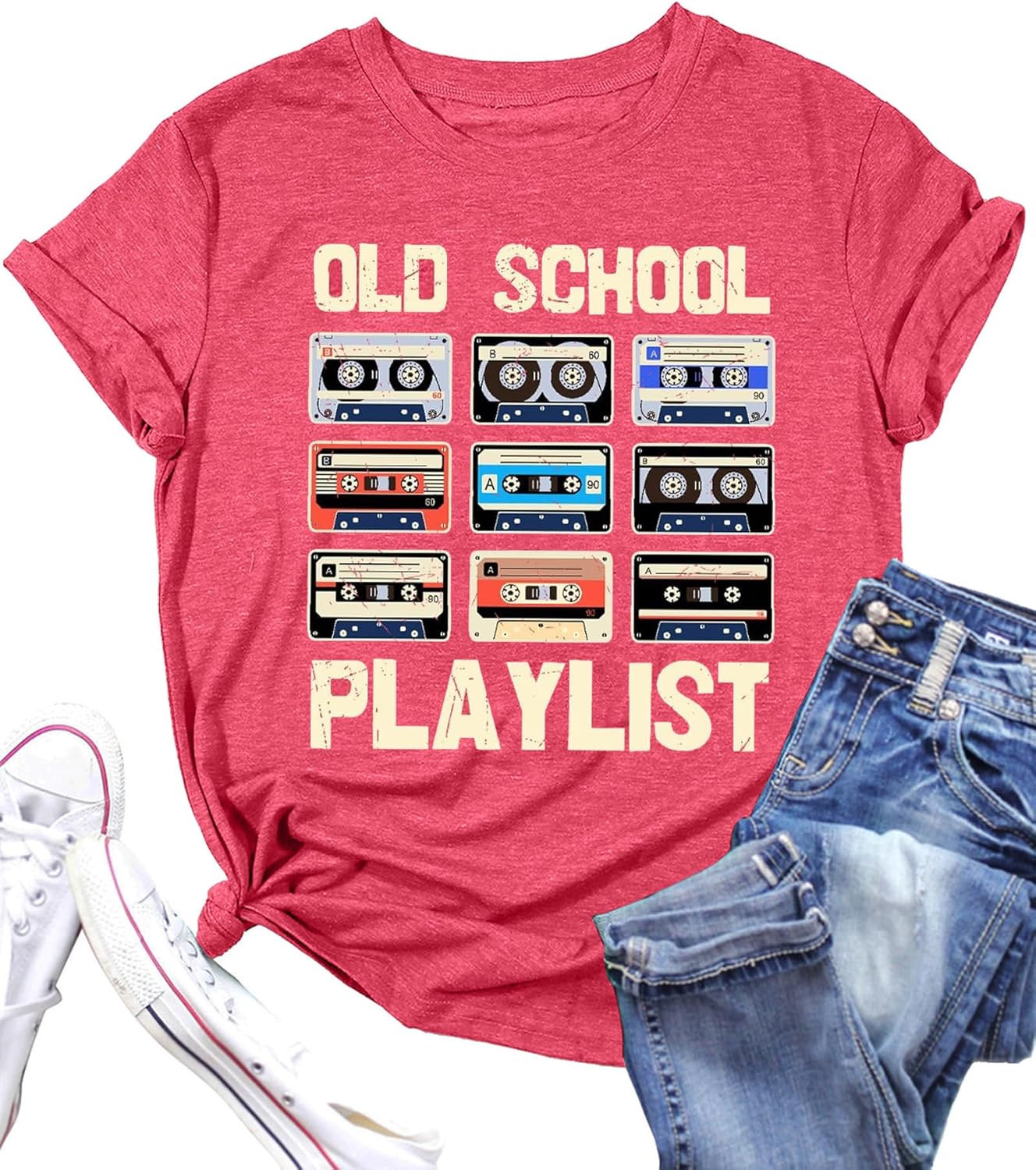 80s Shirt for Women 90s Shirts: Old School Playlist T-Shirt Cassette Tape Graphic 80s Music Concert Tee Tops