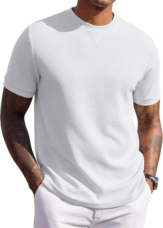 Men's Waffle T-Shirts Short Sleeve Casual Crew Neck Shirt Summer Plain Pullover Tees