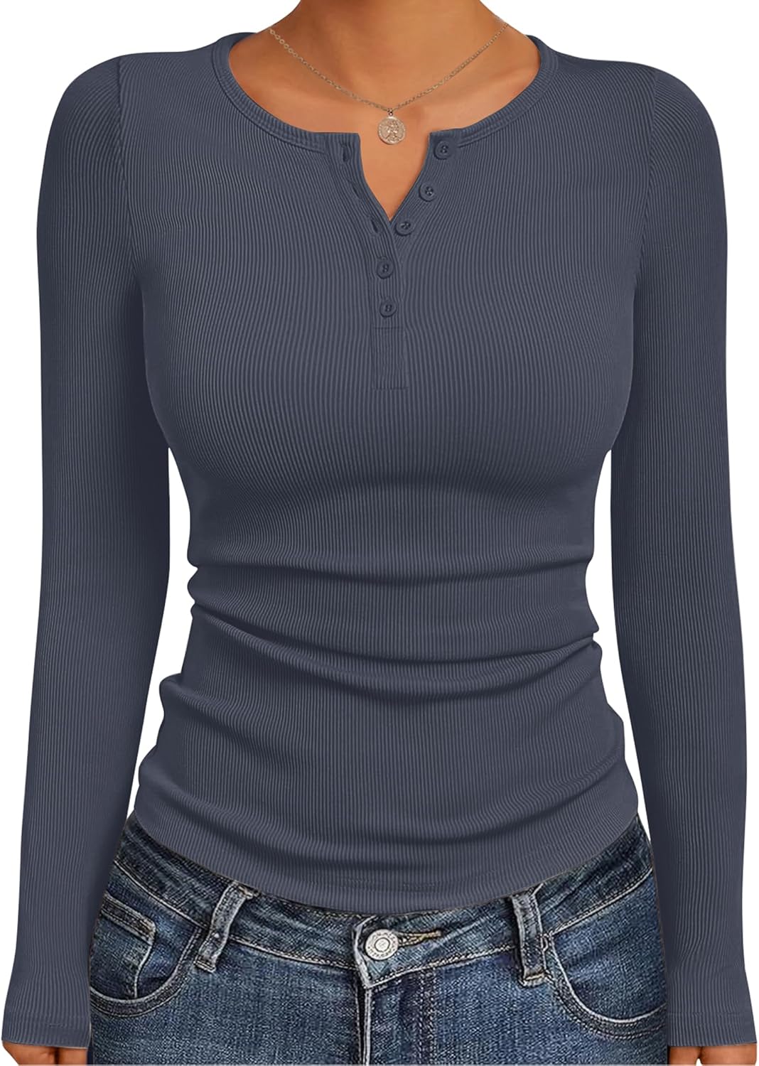 Women's Long Sleeve Henley Shirts Button Ribbed Knit Tops Basic Layering Slim Fit Soft Thermal Underwear Tops