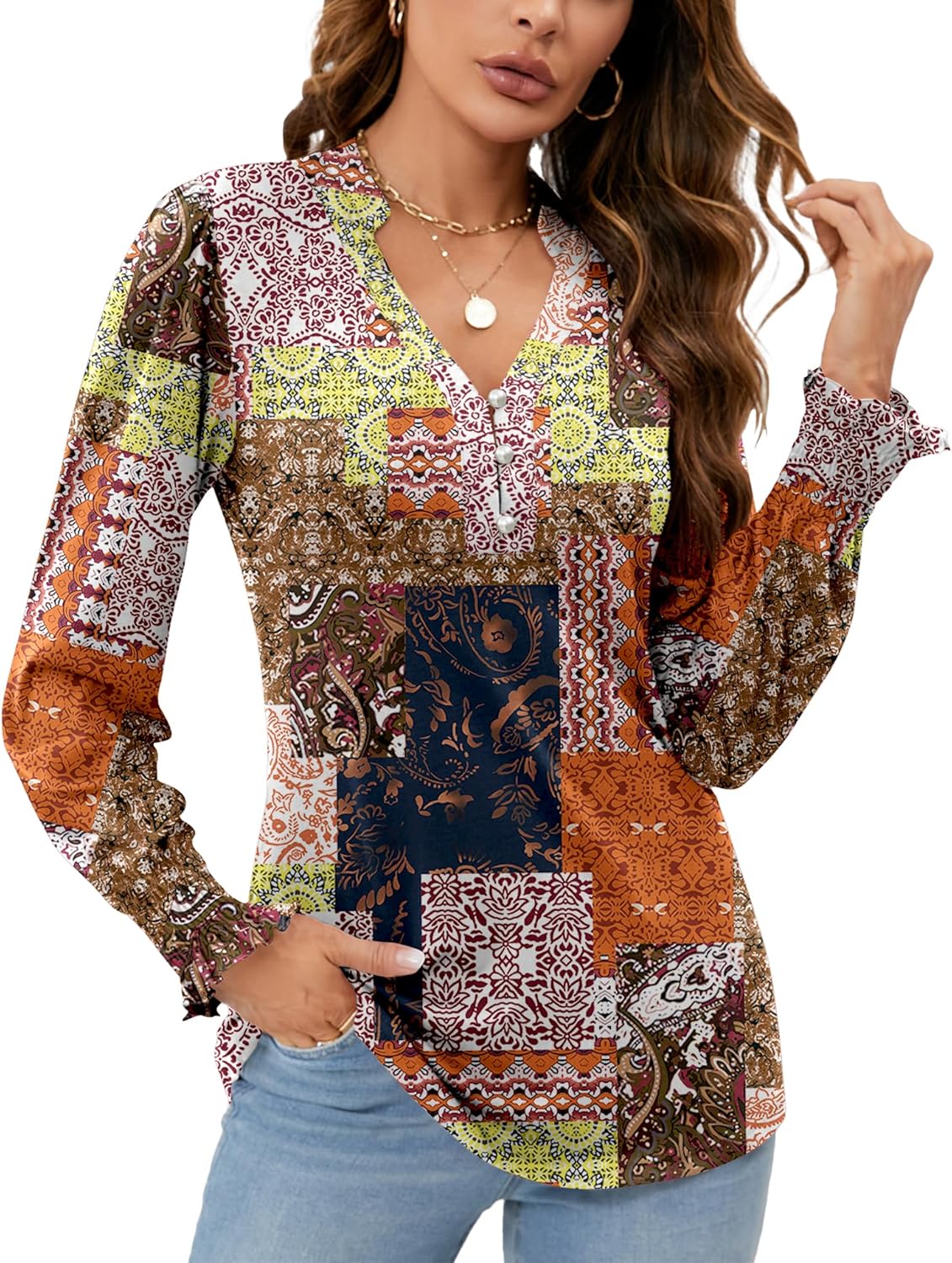 Womens V Neck Puff Long Sleeve Button Down Tunic Blouses Fall Tops 2025 Ruffle Cuffs Dressy Casual T-Shirts