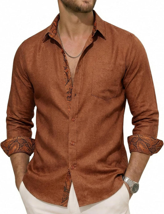 Mens Linen Shirts Textured Contrast Long Sleeve Cotton Casual Button Down Shirt Summer Beach Wedding Pocket