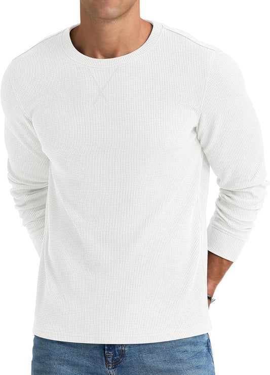Mens Waffle Crewneck Shirts Slim Fit Long Sleeve Casual T-Shirt