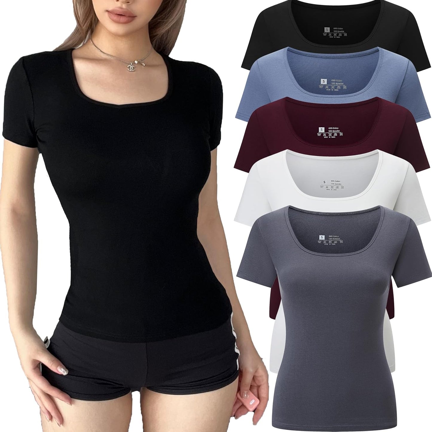5 Pack Short Sleeve for Womens Square Neck T Shirts Fashion Casual Basic Tees Tops Summer Outfits Clothes 2026