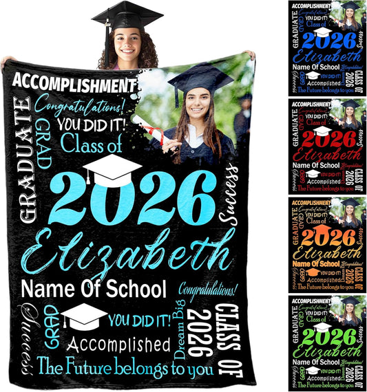 2026 Graduation Blanket Graduation Gift Set Personalized Senior Class of 2026 Blankets with Photo and Name Personalized Blankets and Throws Graduate Gifts for Girls/Boys