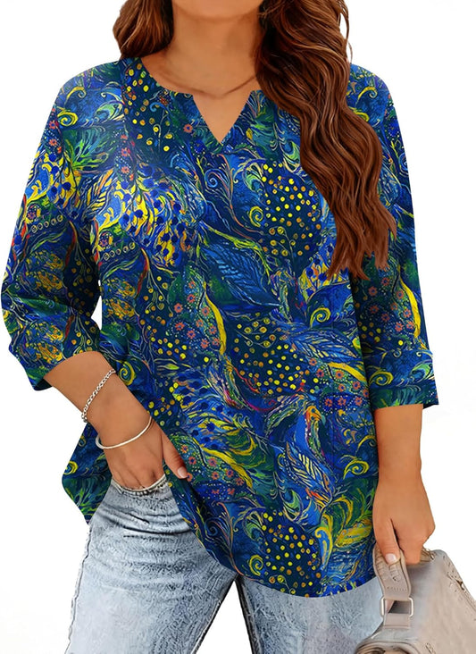 Plus Size Tops for Women V Neck T Shirt 3/4 Length Sleeve Blouse Dressy Casual Tee Loose Fit XL-5X