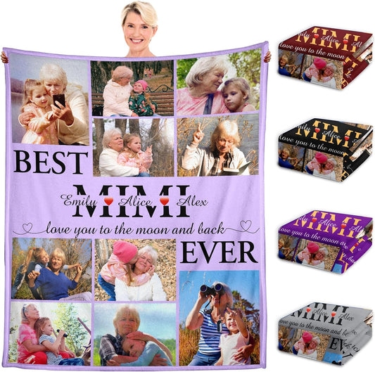 WFR Personalized Mimi Blanket Gifts for Grandma, Mother's Day Throw Gift for Mimi from Grandkids, Custom Photo Throw Blanket with Pictures and Names, Best Mimi Ever, Printed in USA