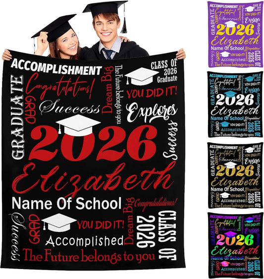 Newcos Graduation Gifts Custom Graduation Blanket with Name Customized Throw Blankets Class of 2026 Gifts Personalized Grad Blanket for Her Him Adults Name Blankets for High School College Grads Gift