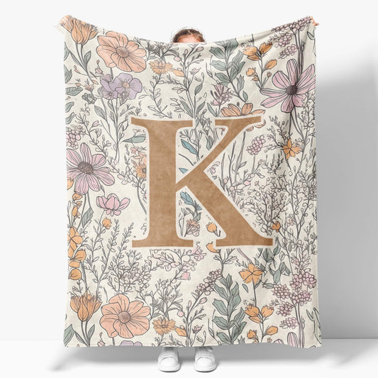 JXREQ Throw Blanket Initial Letter K Personalized Monogrammed Gifts for Women Teen Girls Frends, Boho Floral Throw Blankets for Bed Sofa Living Room Office, 50x60 Inch
