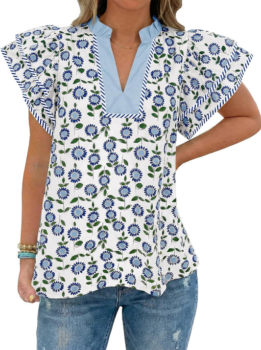 Womens Ruffle Sleeve Floral Blouses Summer Dressy Casual V Neck Tops Loose Fit Pleated Flowy Shirts