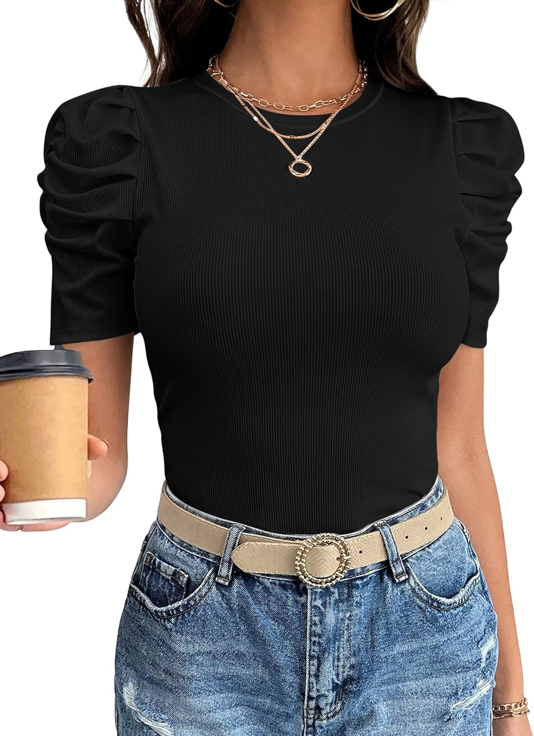 Women Puff Short Sleeve Crewneck Dressy Casual Tops Summer Fitted Ribbed Knit Trendy Work Shirts 2026 Spring Clothes