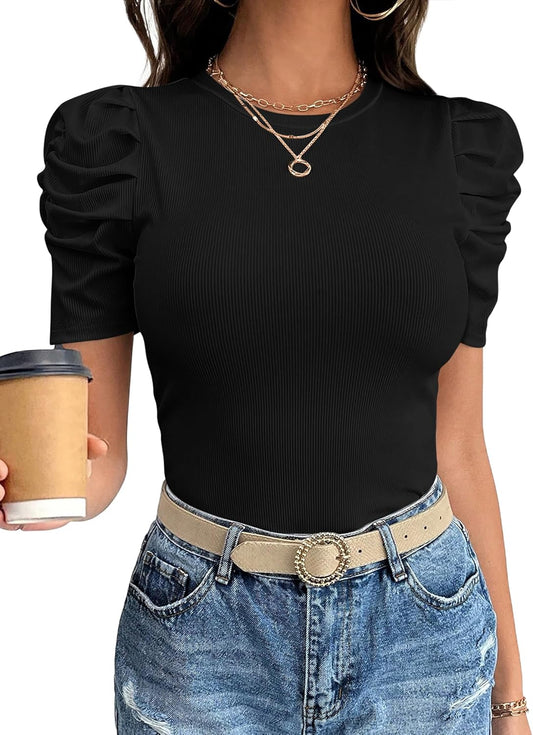 Women Puff Short Sleeve Crewneck Dressy Casual Tops Summer Fitted Ribbed Knit Trendy Work Shirts 2026 Spring Clothes
