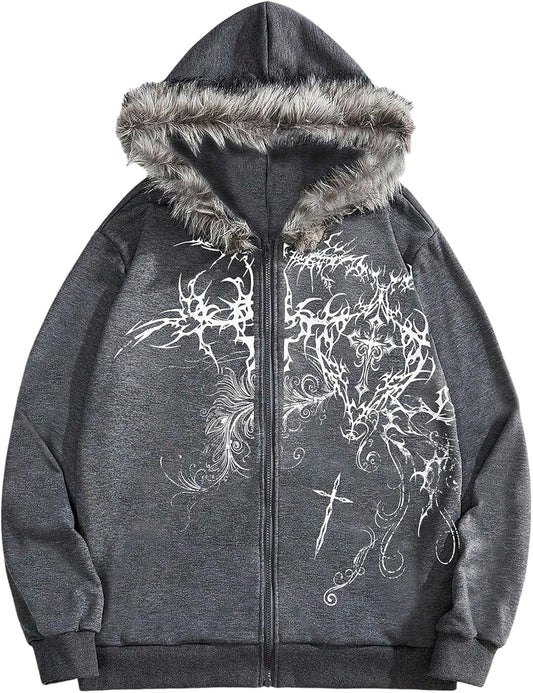 Men's Y2k Grunge Zip Up Hoodie Sweatshirts Gothic Fur Hooded Jacket Streetwear