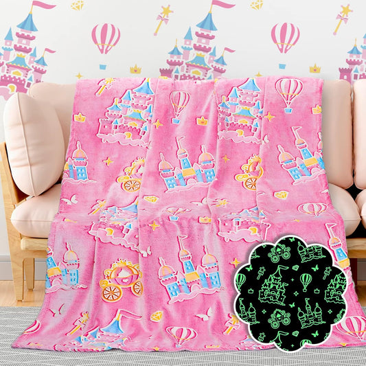 BORORO Glow in the Dark Princess Blanket for Girls Graduation, Princess Castle Gifts Toys for Girls, Pink Throw Blanket for Couch Bed Room Decor, Soft Fleece Plush Bedding for Kids Toddlers 50" x60“