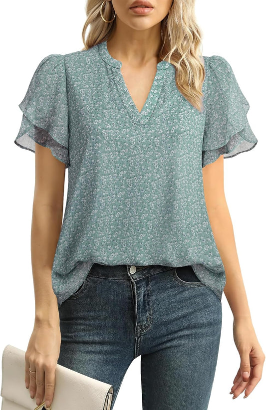 Womens Dressy Chiffon Blouses Summer Puff Petal Short Sleeve Shirts V Neck Casual Work Tops
