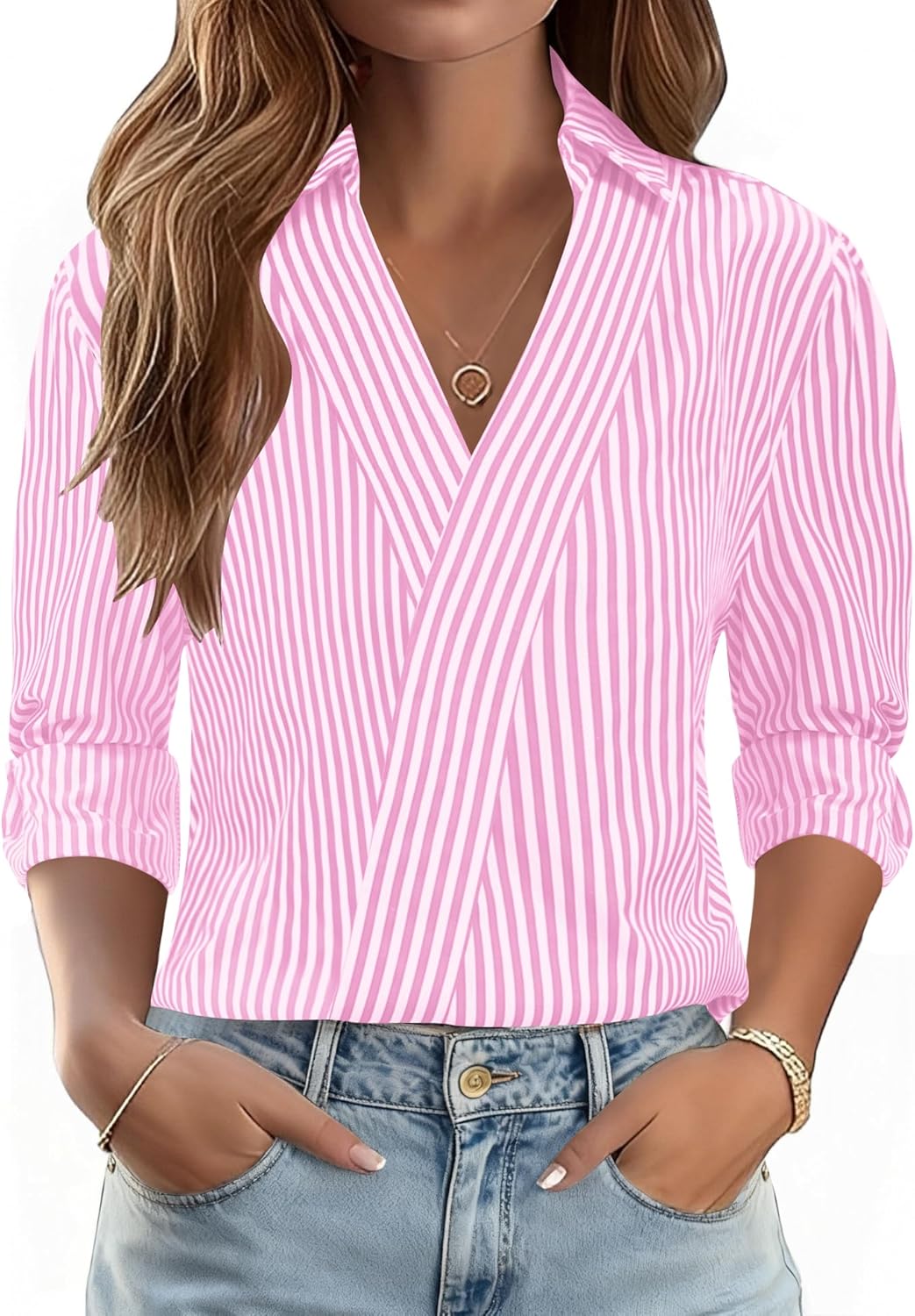 3/4 Length Sleeve Womens Tops Dressy V Neck Collared Shirts Trendy Business Casual Work Blouses Vacation Outfits 2026