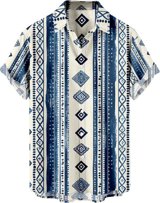 Men's Vintage Print Bowling Short Sleeve Button Down Casual Summer Cuban Beach Shirts Regular Fit Retro Hawaiian Blouse