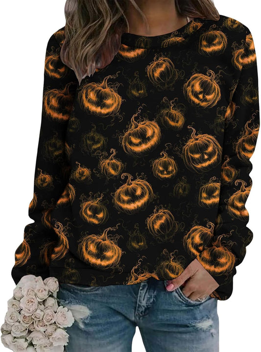 Womens Halloween Pumpkin Sweatshirt Long Sleeve Crewneck Pullover Fall Graphic Top Festive Casual Holiday Wear