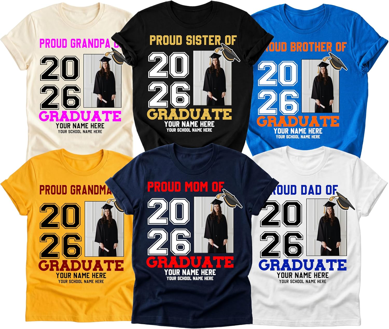 Custom 2026 Graduate Photo Shirt, Personalized Name & School, Class of 2026 Graduation T-Shirt with Photo Upload, Multiple Colors Available