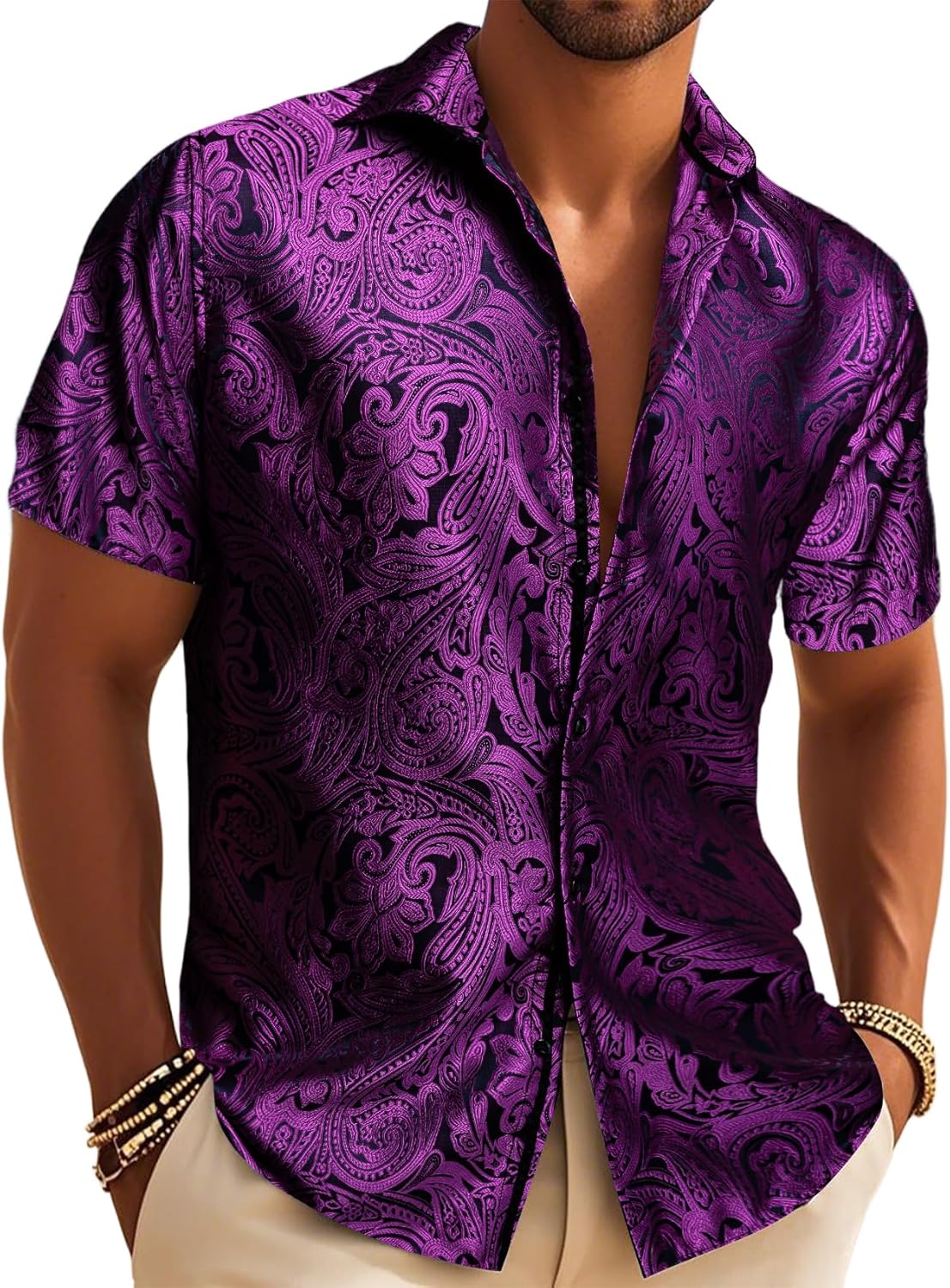 Mens Paisley Shirt Dress Disco Short Sleeve Button Down Hawaiian Shirts Casual Western Summer Beach Party Vacation