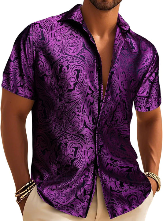 Mens Paisley Shirt Dress Disco Short Sleeve Button Down Hawaiian Shirts Casual Western Summer Beach Party Vacation
