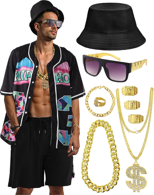 80s 90s Outfit for Men, Hip Hop Costume Button Up Blouse Tops Disco Retro Theme Party Outfit Hawaiian Vintage