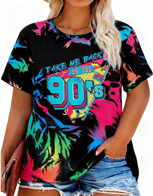 Plus Size 90s Shirts for Women Vintage Neon Shirt Disco 90s Outfits Hip hop Graphic tees Birthday Party Gift