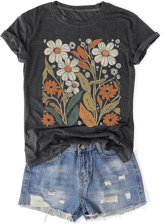 Womens Vintage Flowers T-Shirts Cute Floral Graphic Tees Wildflowers Cottagecore Tshirts Summer Casual Short Sleeve Tops