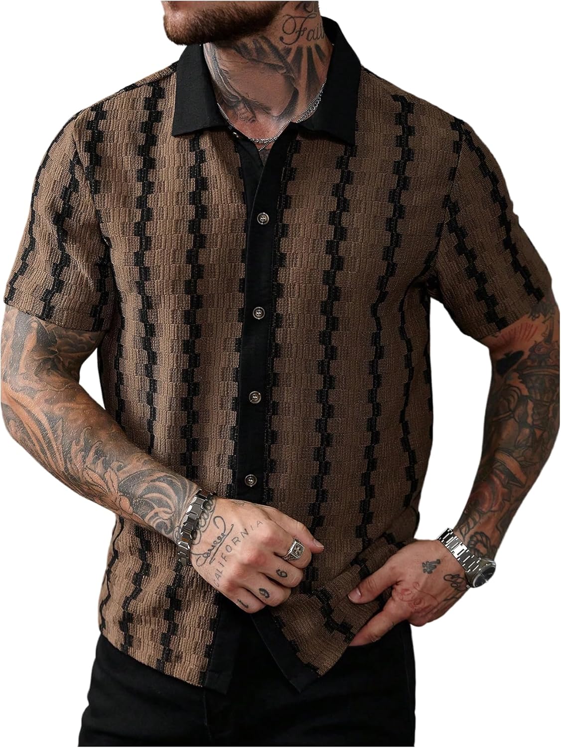 Men's Summer Button Down Shirt Casual Textured Short Sleeve Collared Striped Vintage Beach Shirts