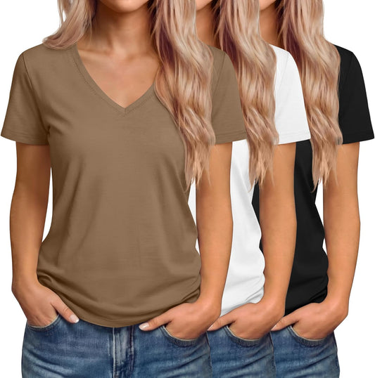 3 Pack Women's V Neck T-Shirts Short Sleeve Loose Fit Tops Casual Basic Trendy Straight Hem Plain Tees