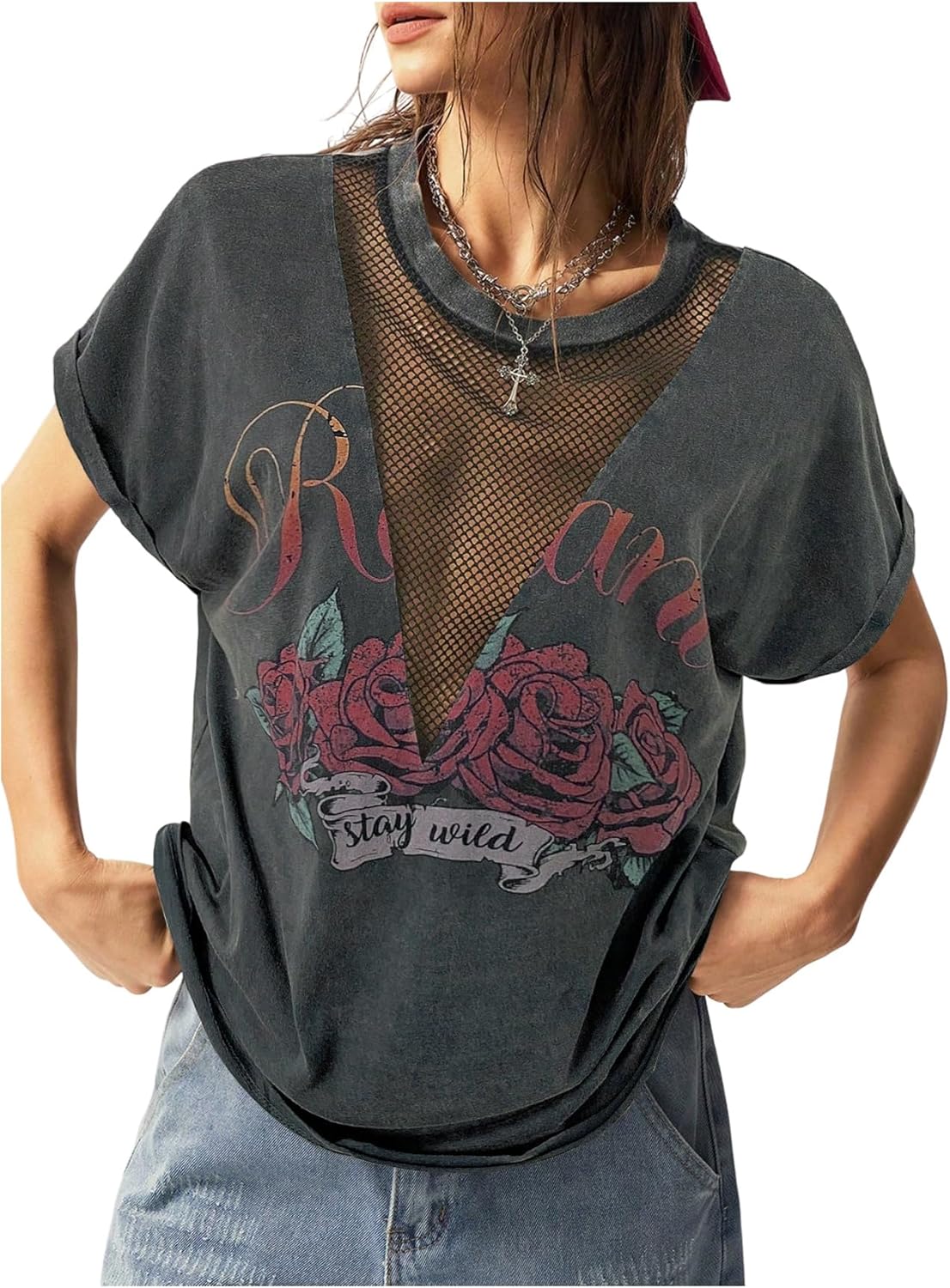 Women's Vintage Graphic Tees Mesh Short Sleeve Goth Y2k T Shirt Summer Tops Streetwear