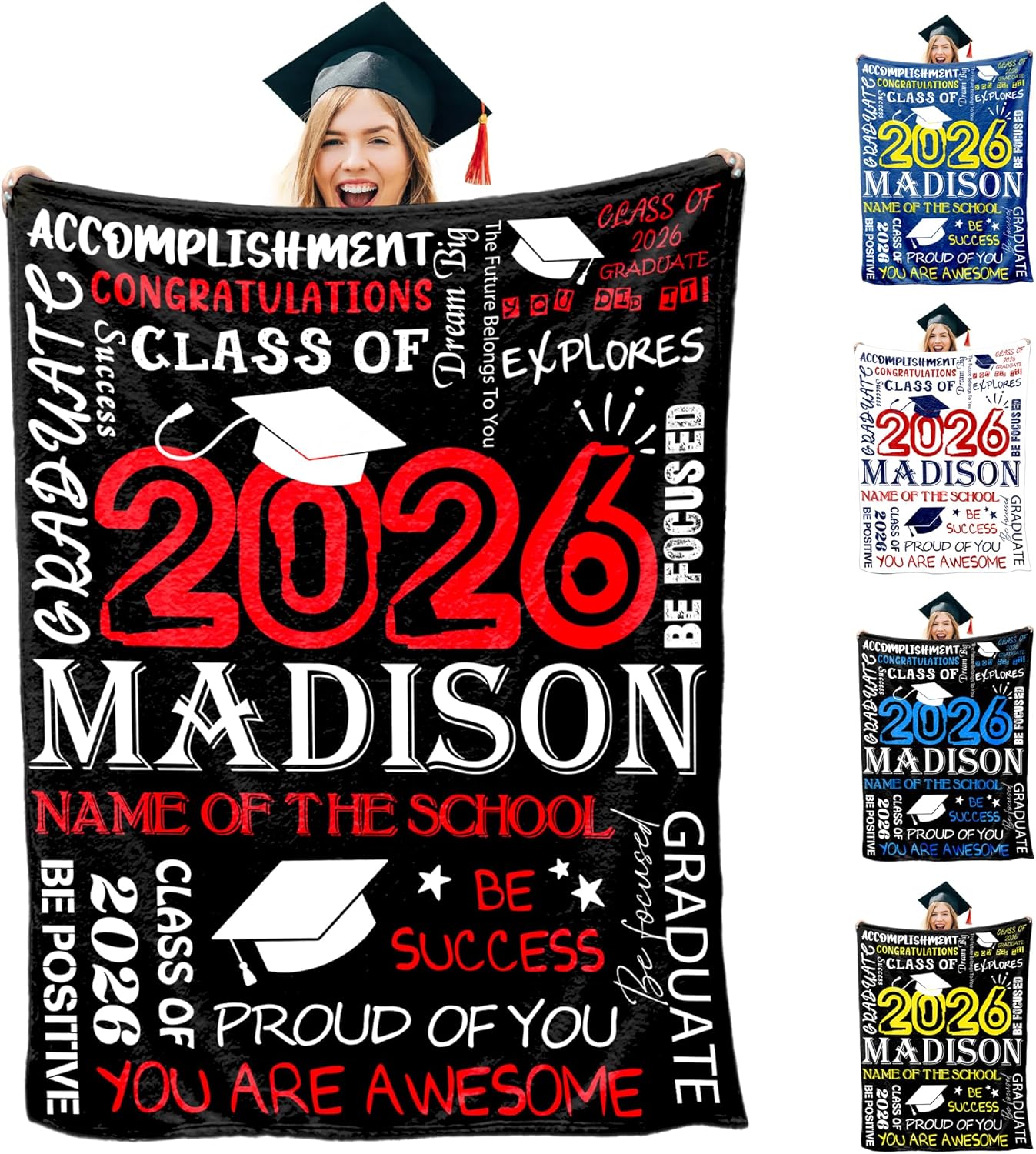 InterestPrint Custom Graduation 2026 Throw Blanket Proud of You Graduate Hat Red Personalized Blanket for Graduation Gift with College Name Class of 2026 Blanket for Daughter Son from Mom Dad