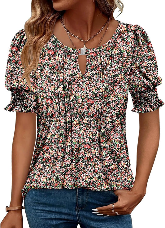 Women's Dressy Casual Top Puff Sleeve Summer Shirt Loose Trendy Pleated Blouse