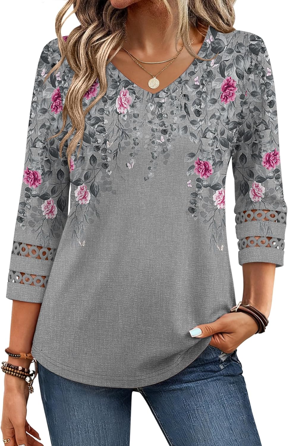 3/4 Length Sleeve Womens Tops V Neck Dressy Casual Blouses Trendy Eyelet T Shirts Work Clothes S-XXL