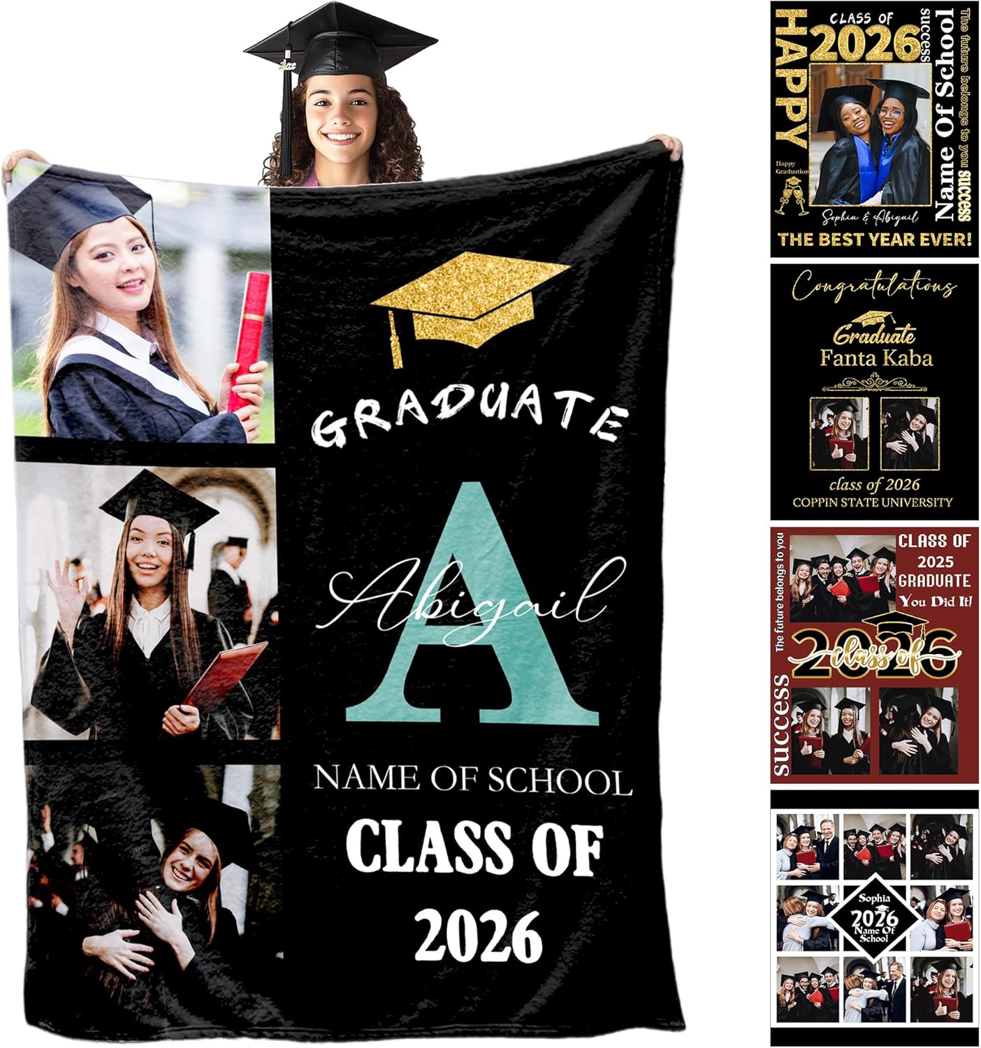 Personalized Picture Blanket for Class of 2026 Graduates Graduation Gift College Personalized Senior Class of 2026 Blankets with Photo and Name Graduation Gift for Her, 8 Sizes