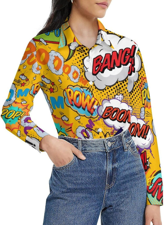 Lady Button Down Long Sleeves Lining Comic Book Pop Art Explosions Base Shirt Vibrant Blouses Top XL